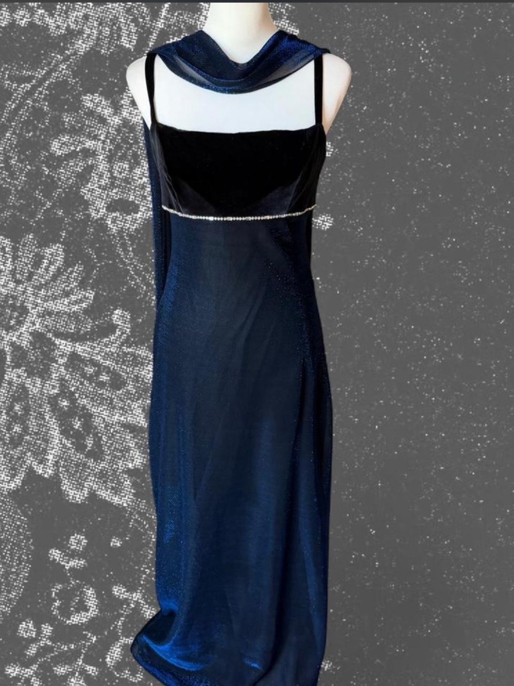 Navy Blue and black Maxi Dress with scarf and Spaghetti Straps 90s vintage